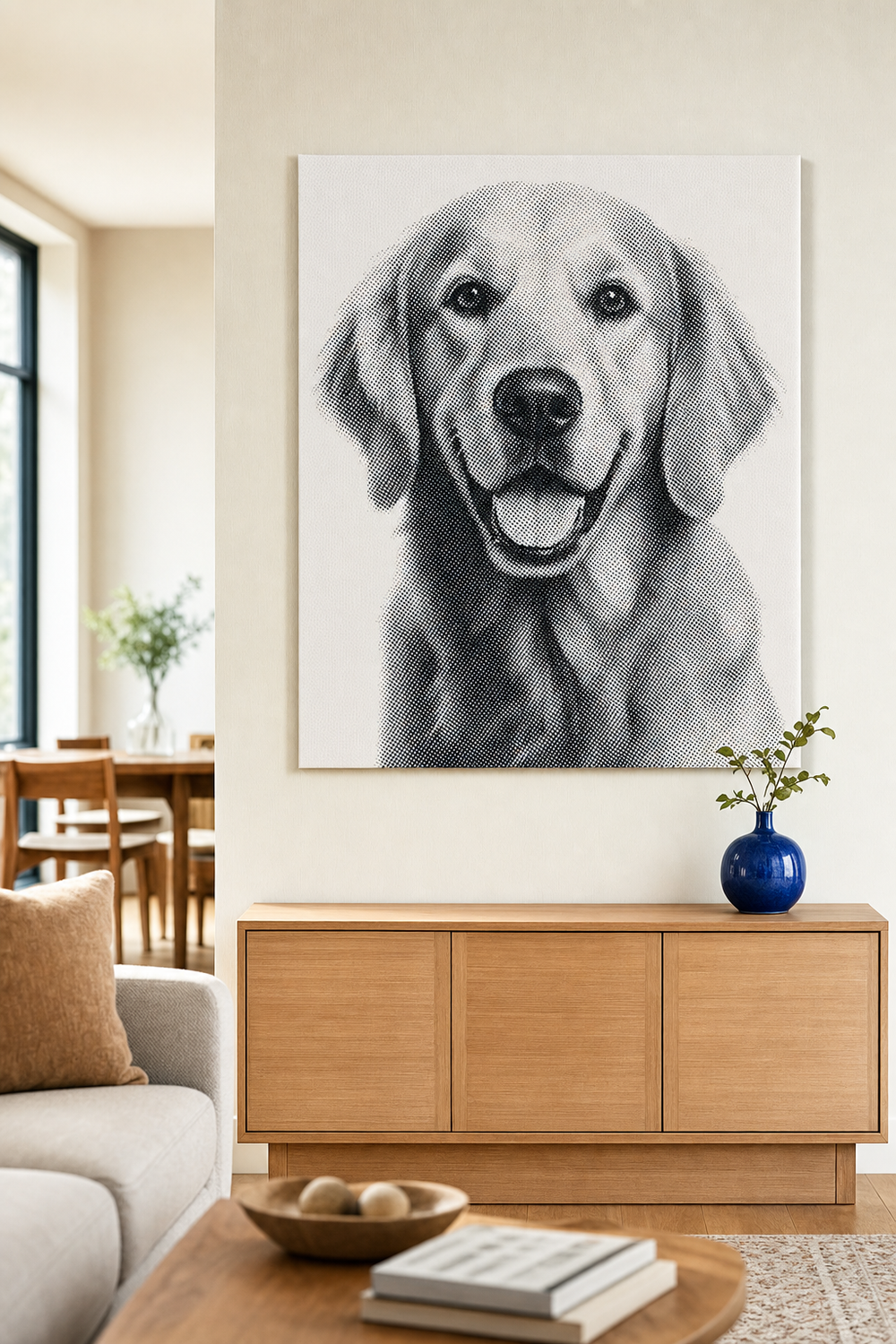 Black and white dot painting of a golden retriever on a living room wall