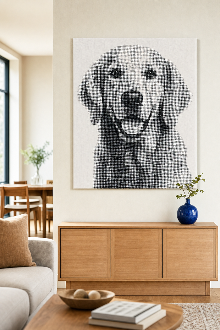 Black and white dot painting of a golden retriever on a living room wall