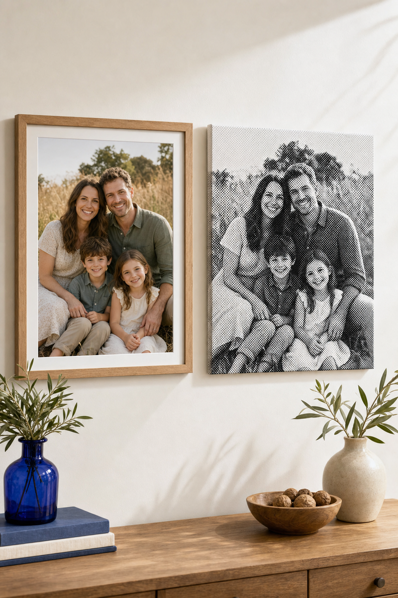 A family photo next to the same photo as a black and white dot painting on canvas