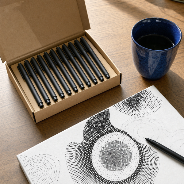 Dual-tip black marker set with a dot painting canvas on a warm desk
