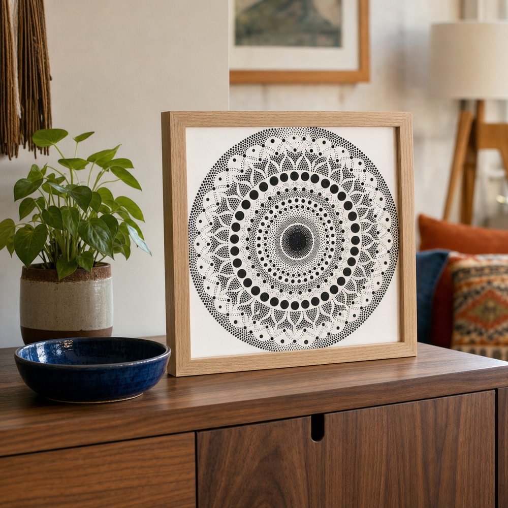 Oak display frame with a black and white dot painting mandala in a colourful living room