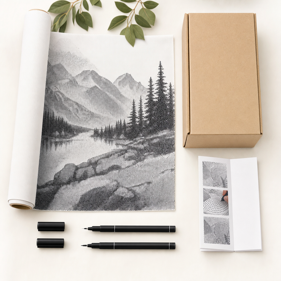 Everything in the Own Photo kit laid out: canvas, dual-tip markers, instructions, box
