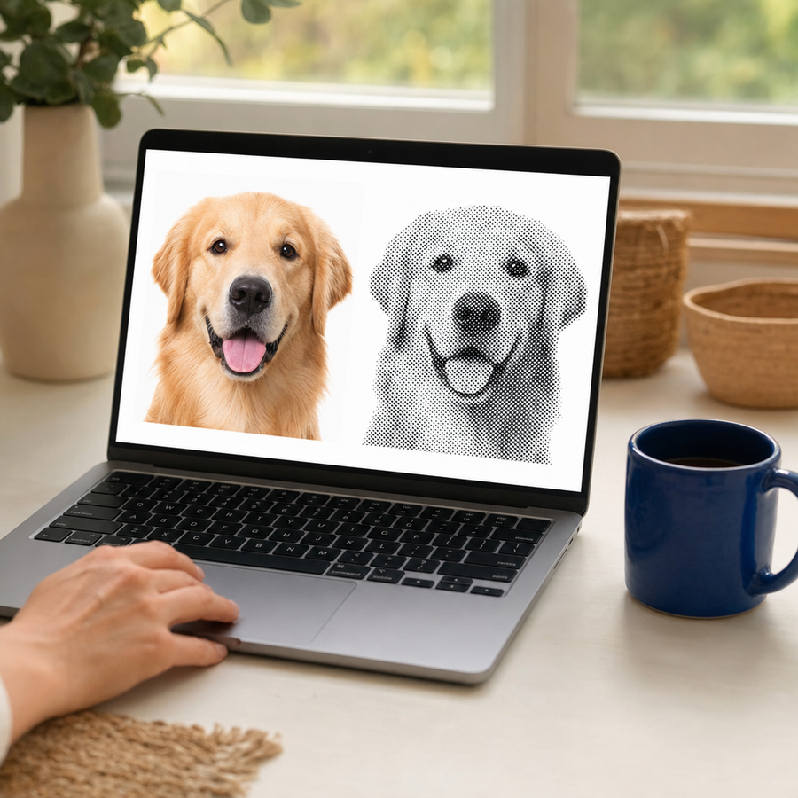 The live preview showing a photo next to its dotted version on a laptop
